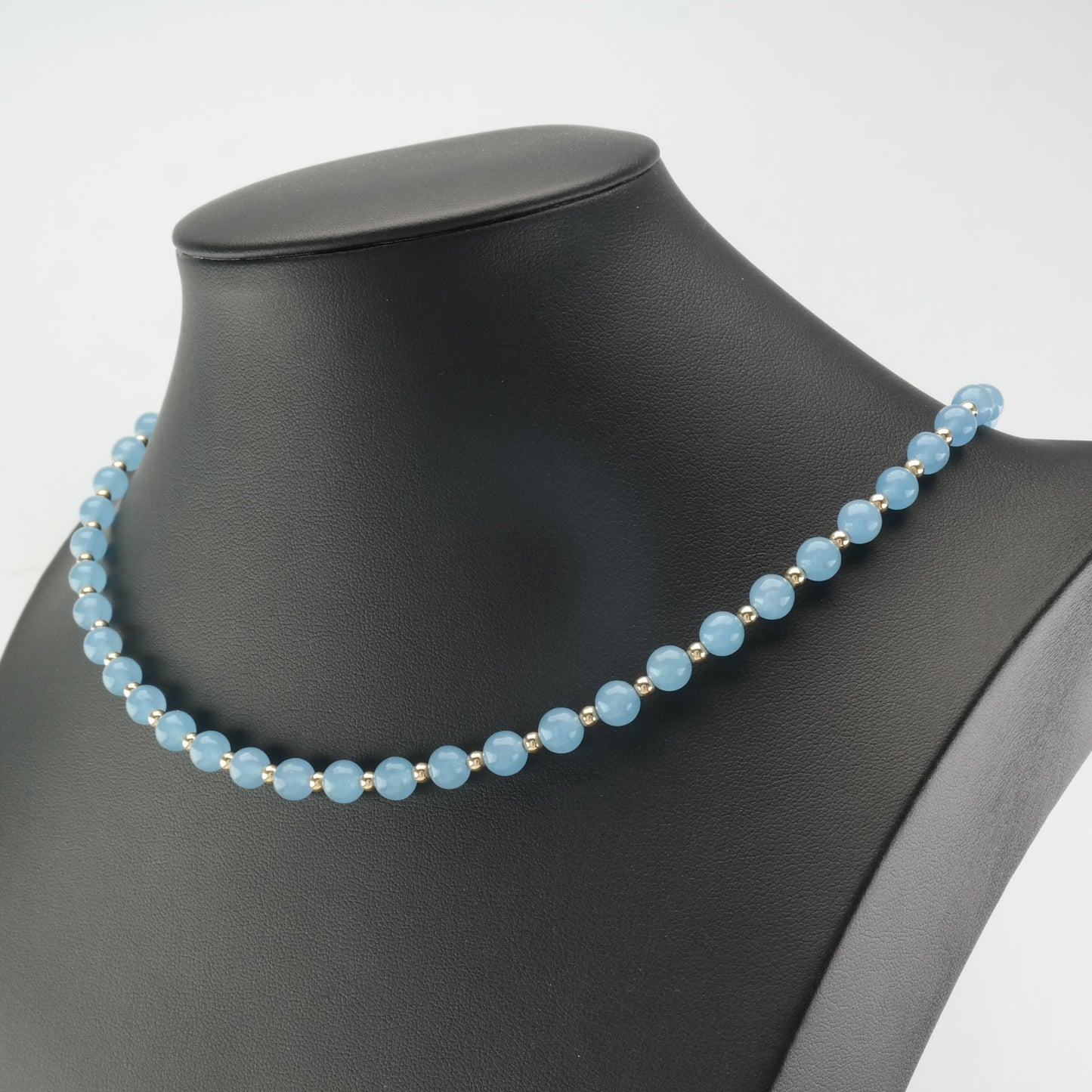 Blue Dyed Quartz, 6mm Bead, 14K Gold Necklace Sterling Silver