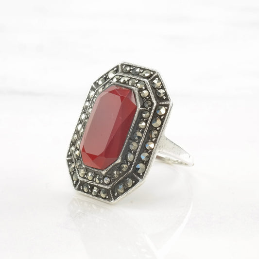 Art Deco Silver Ring Carnelian, Marcasite Sterling Red Size 4 3/4