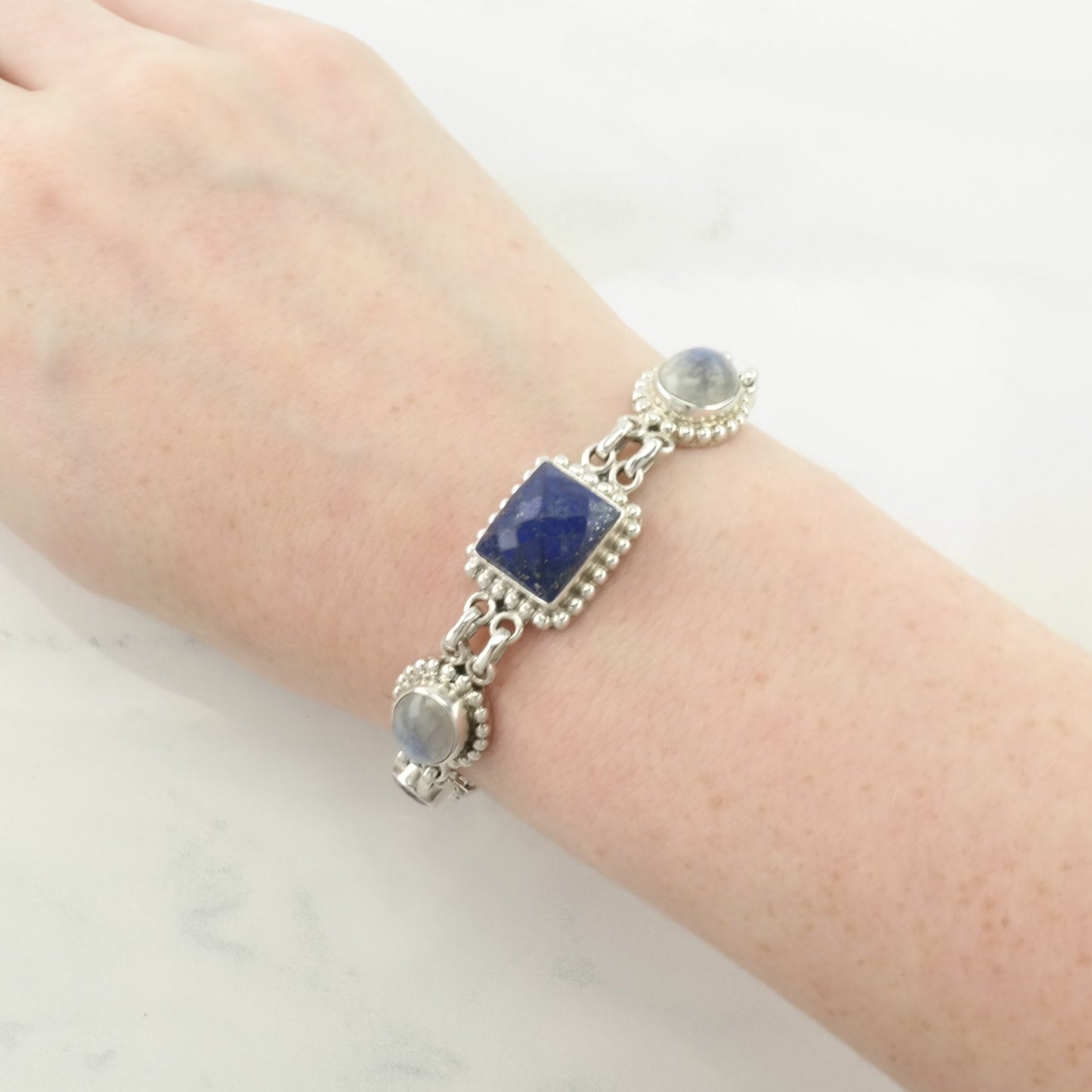 Nicky Butler Sterling Silver Link Bracelet Blue, Purple Lapis Lazuli, Moonstone, Amethyst