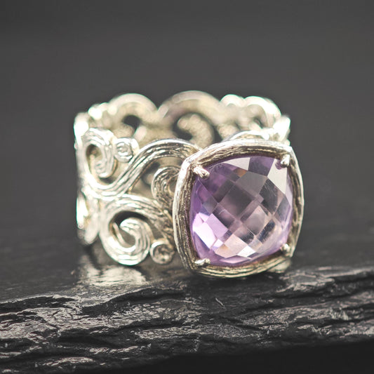 Israel Amethyst Filigree Ring Sterling Silver