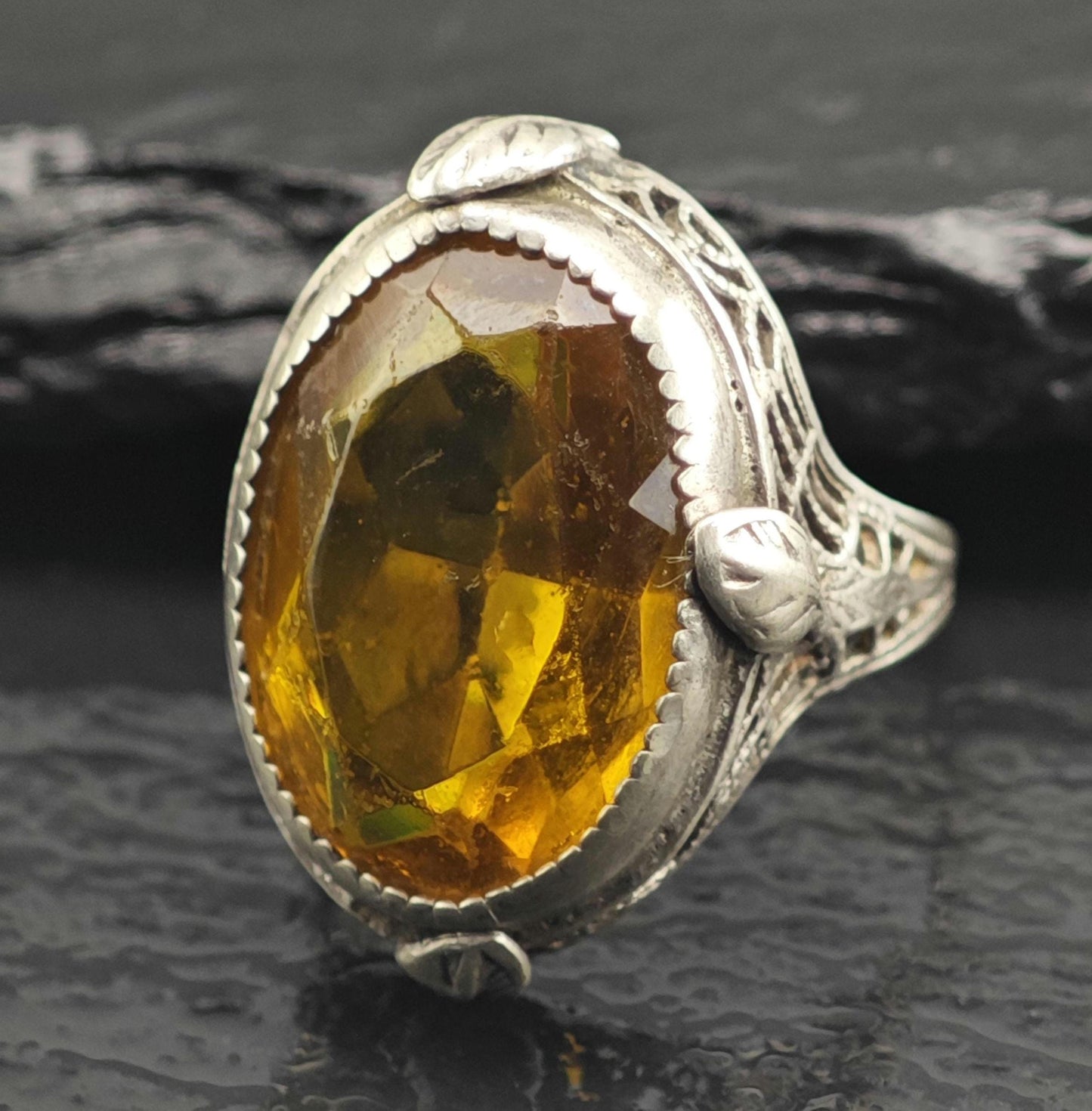 AS IS Art Deco Filigree Orange Paste Sterling Silver Ring Sz 5 3/4 R6675