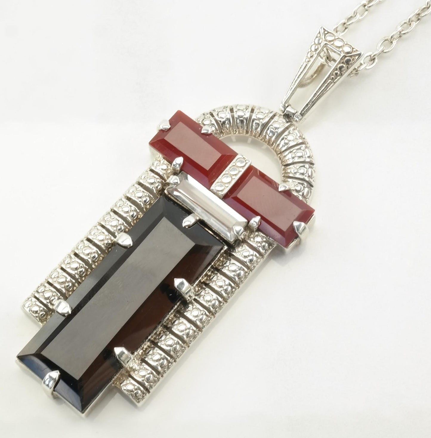 Vintage Nicky Buttler Art Deco Style Sterling Silver Smoky Quartz Carnelian Deco Arch Necklace