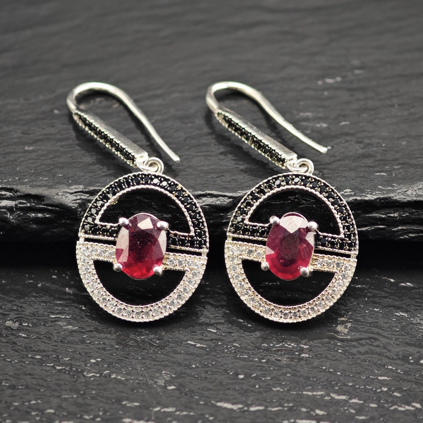 Glass Filled Ruby Spinel Dangle Hook Sterling Silver Earrings ER3109