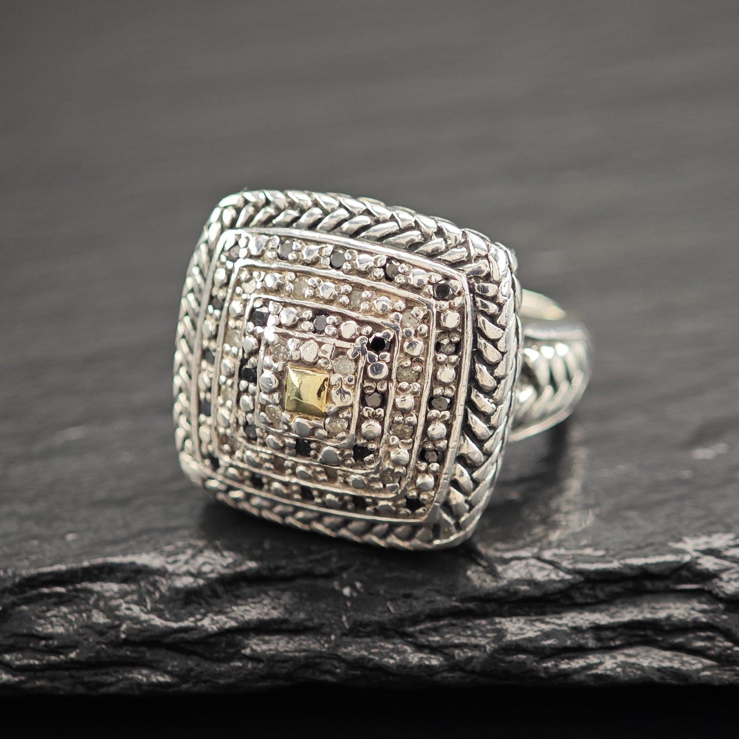 Ring Sterling Silver Squared Dome Black And White Diamond 14K Gold Accent R5843