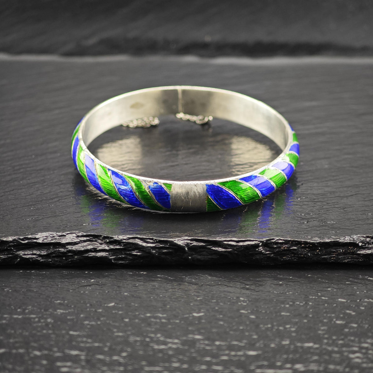 Blue, Green Striped Enamel Sterling Silver Bangle Bracelet Sz 7 1/4" BR3189