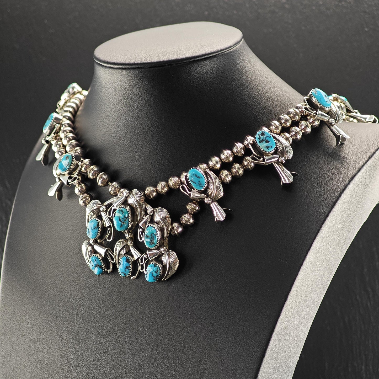 Native American Blue Sleeping Beauty, Floral Squash Blossom Necklace Sterling Silver