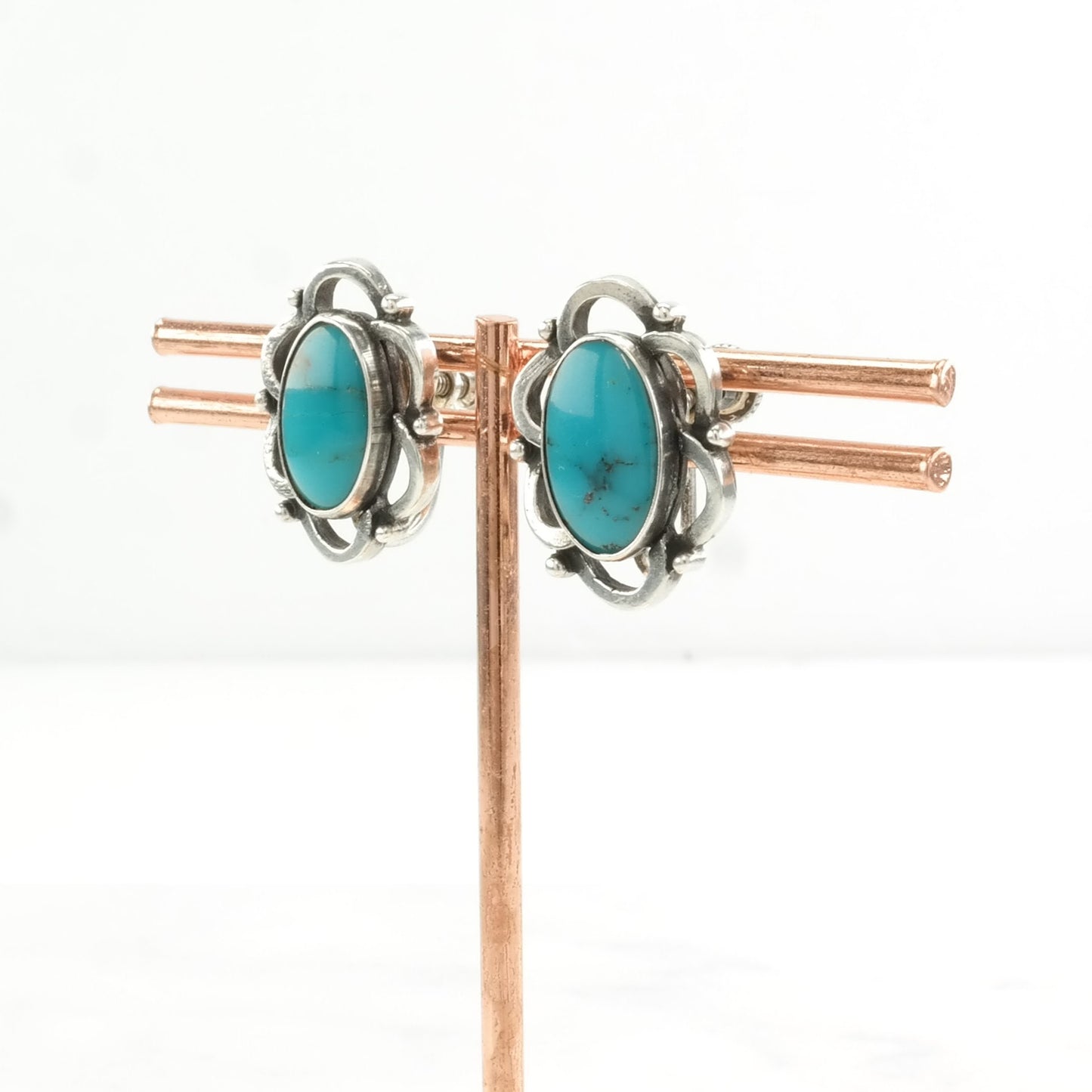 Vintage Sterling Silver Screw back Earrings Fred Harvey Era Blue Block Created Turquoise Floral