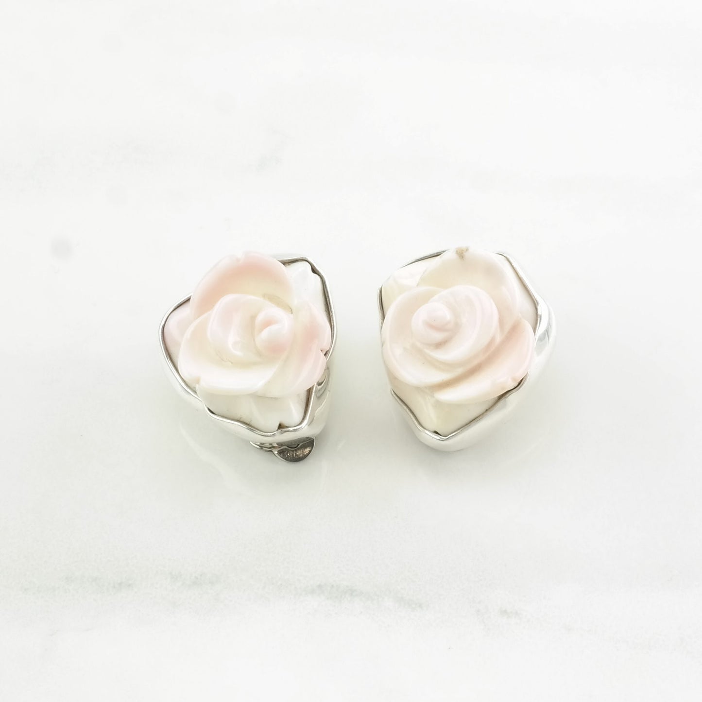 Vintage Sterling Silver Clip on Earrings Charles Albert Pink Carved Rose Pink Conch