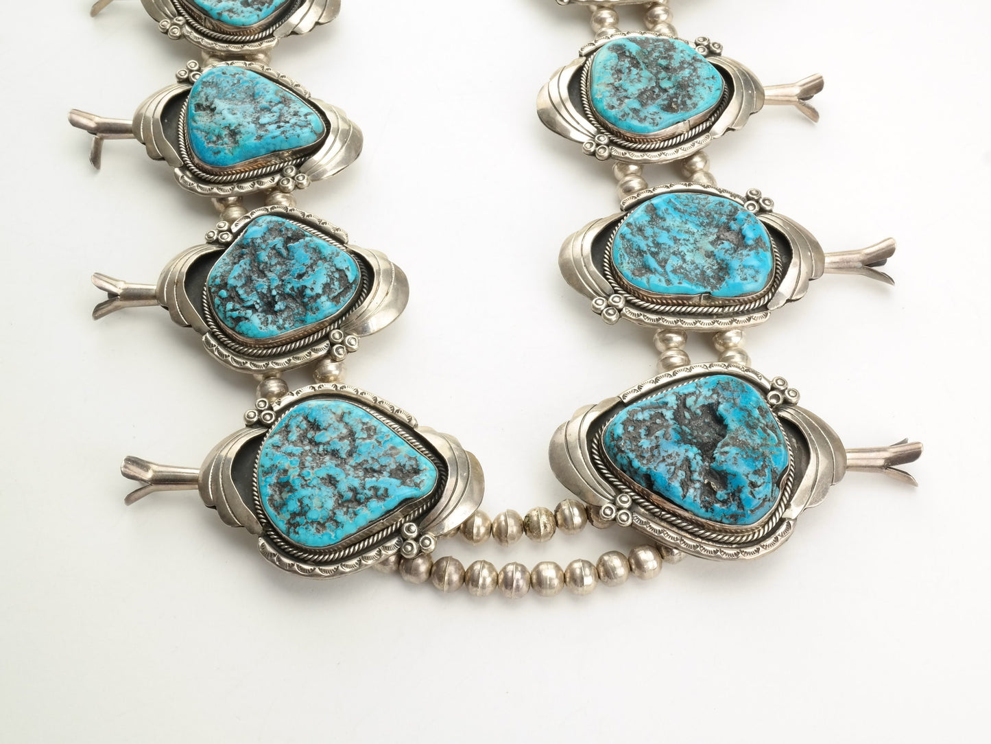 Large Kingman Turquoise squash blossom necklace Native American Sterling