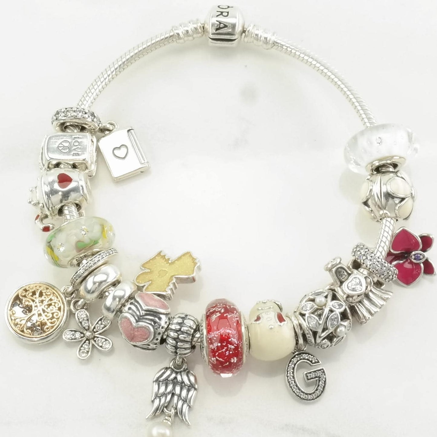 Vintage Pandora Sterling Silver Charm Bracelet Red Enamel, CZ Heart, Flower, Angel, 17 Charms