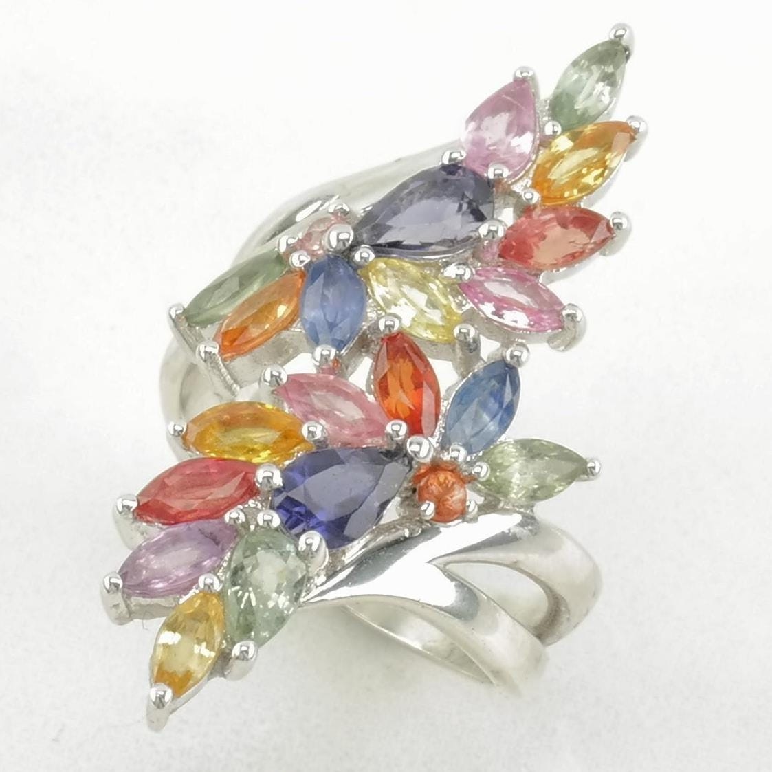 Sterling Silver Ring Rainbow Sapphire, Tanzanite Cocktail Multi Color Sz7 R4689
