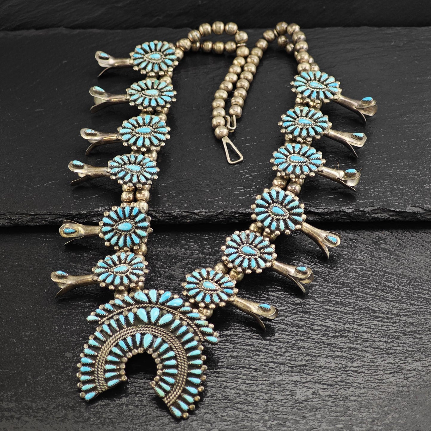 Vintage Navajo, Turquoise Floral Sterling Silver Squash Blossom Necklace