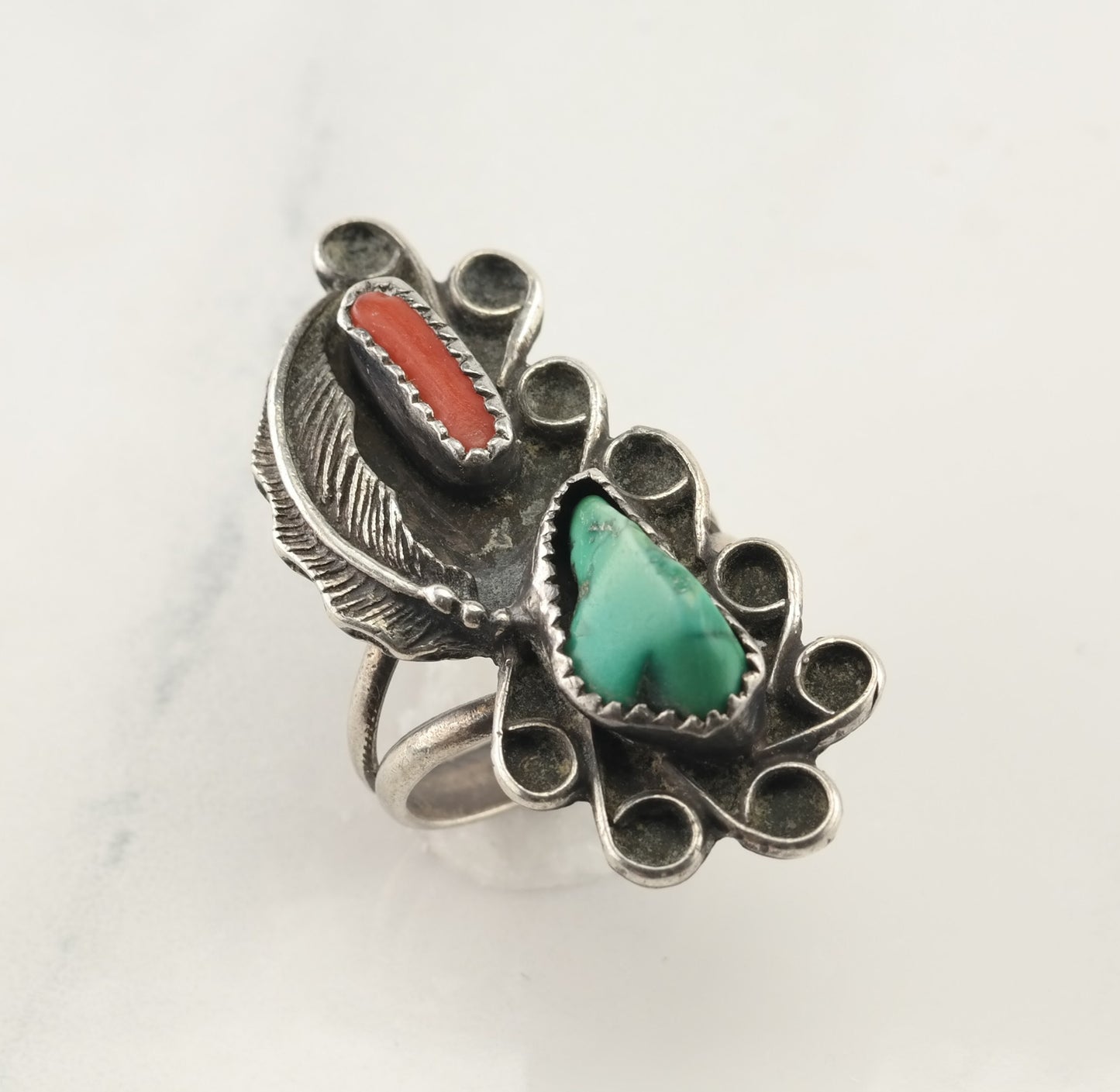 Native American Silver Ring Turquoise, Coral Sterling Size 6 1/2