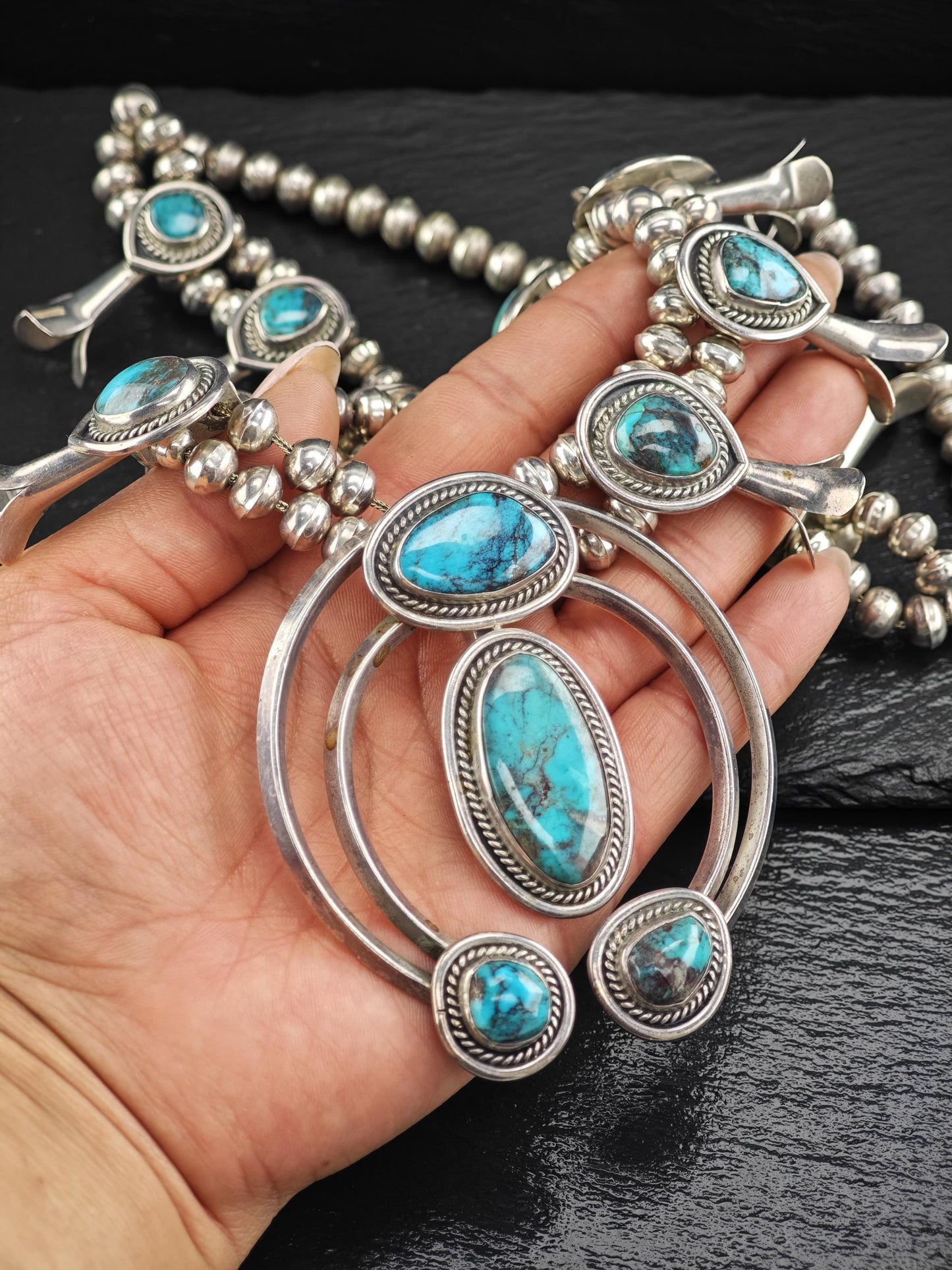 Native American Blue Smokey Bisbee, Large Squash Blossom Necklace Sterling Silver