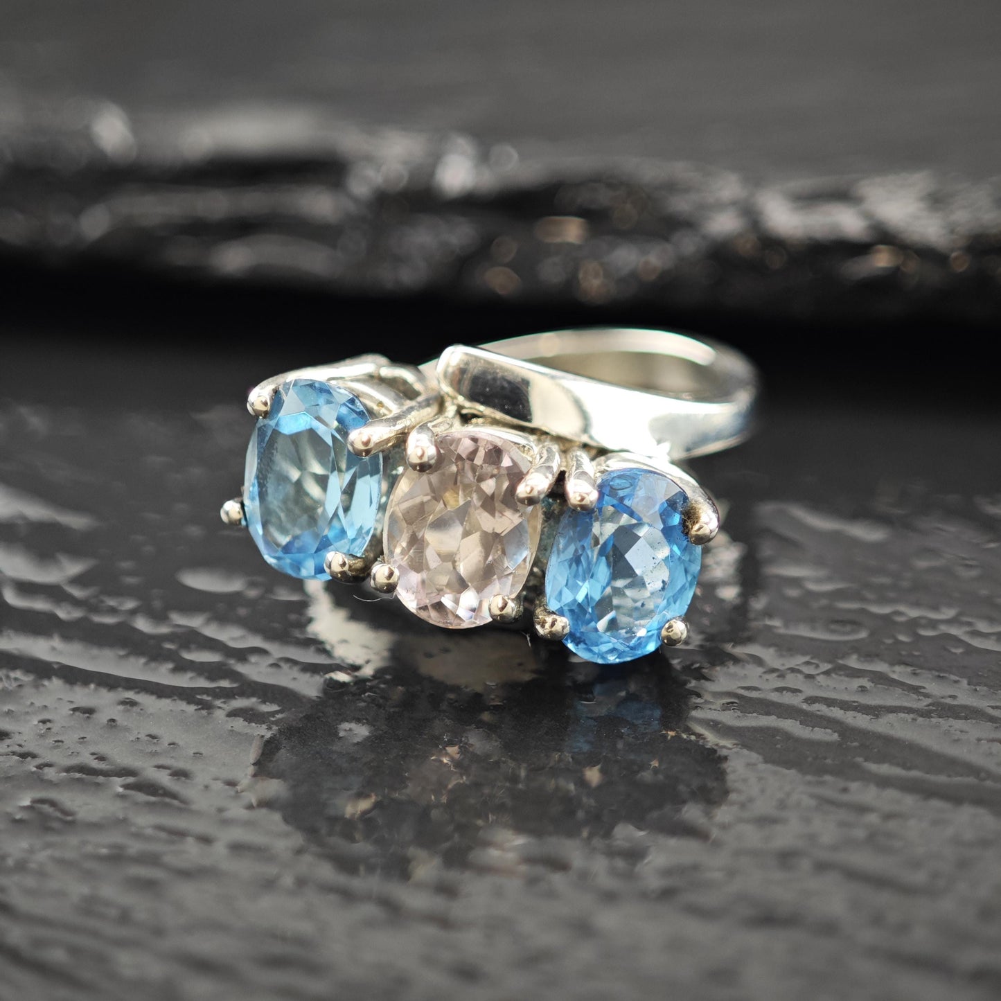 Natural Amethyst and Topaz Ring: Sterling Silver Vintage Style Size 6 3/4