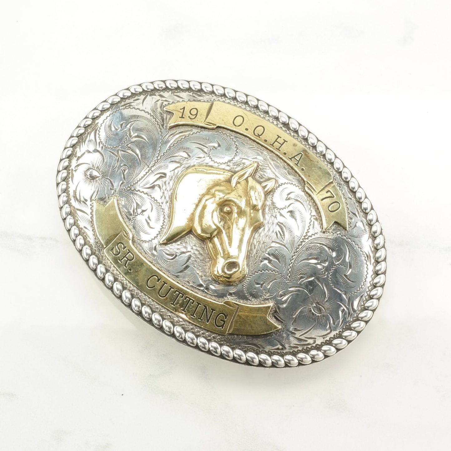 1970 O.Q.H.A Sr. Cutting Horse Sterling Silver Gold Toned Accents Belt Buckle