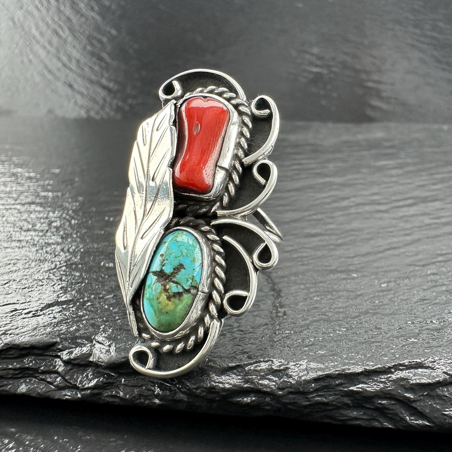 Turquoise Coral Ring Sterling Silver Native American R5826