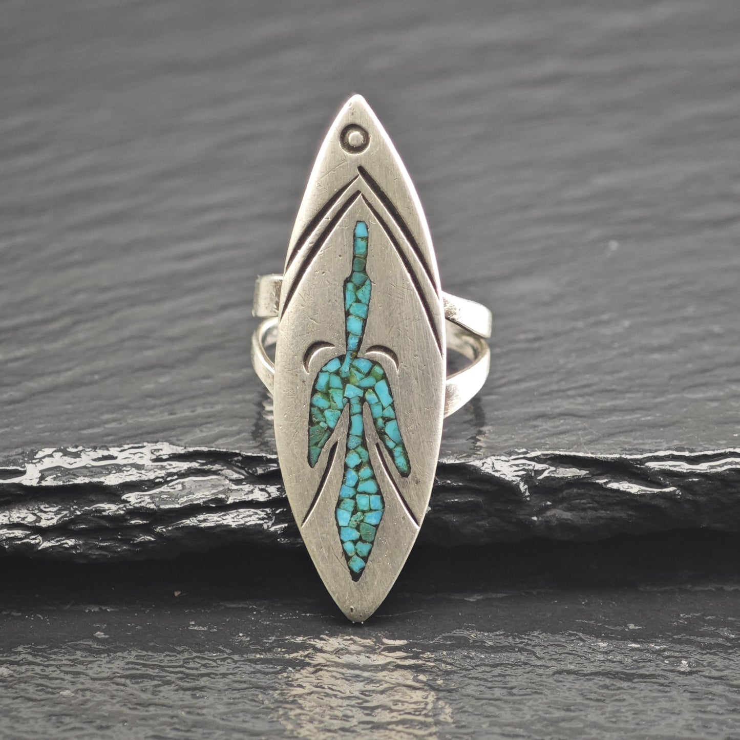 Native American Turquoise Inlay Thunderbird Sterling Silver Ring Sz 5 1/2 R6652