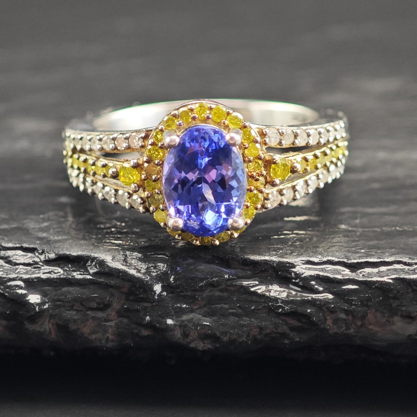 Tanzanite White & Yellow Diamond Sterling Silver Ring Sz 5 R6587