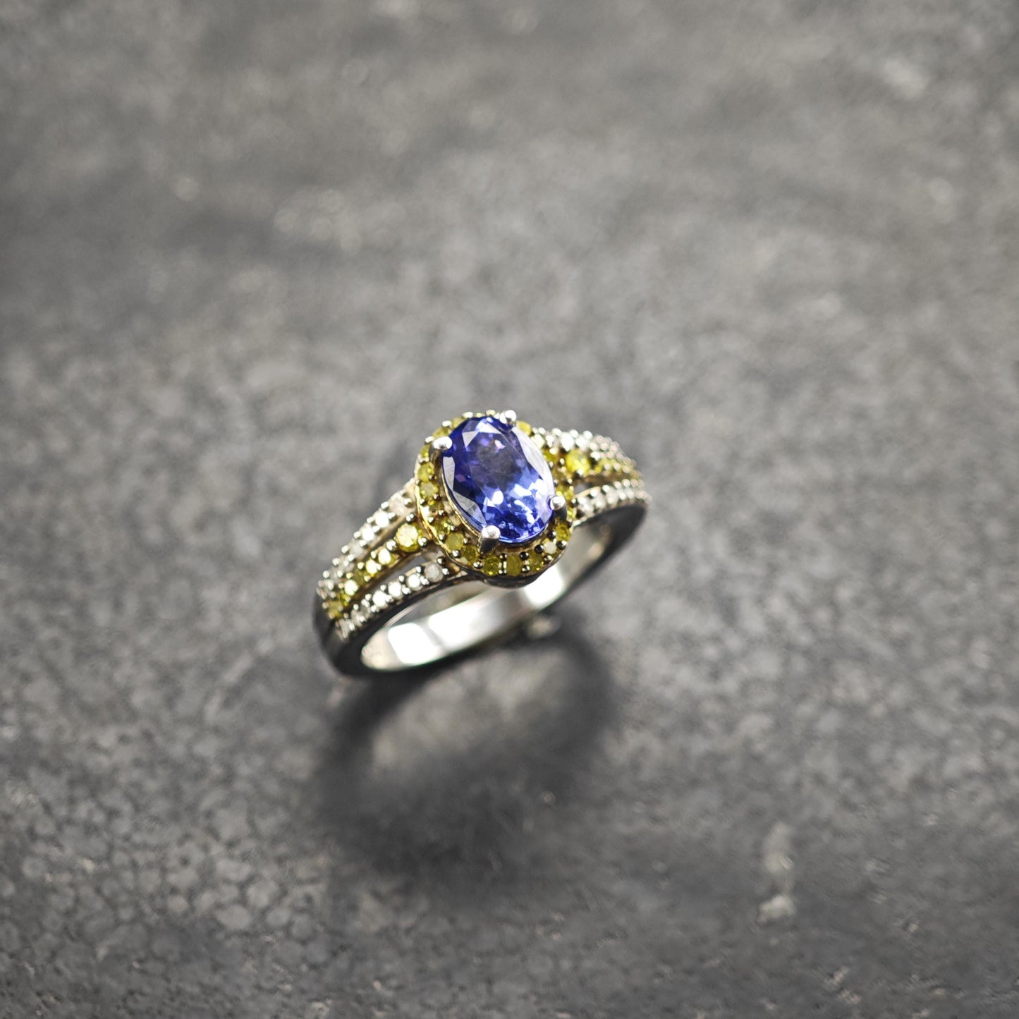 Tanzanite White & Yellow Diamond Sterling Silver Ring Sz 5 R6587