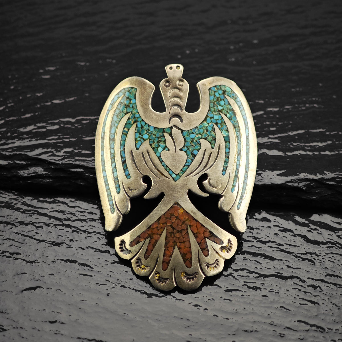 Jimmie Patterson Navajo Thunderbird Turquoise, Coral Inlay Sterling Silver Pendant P3152