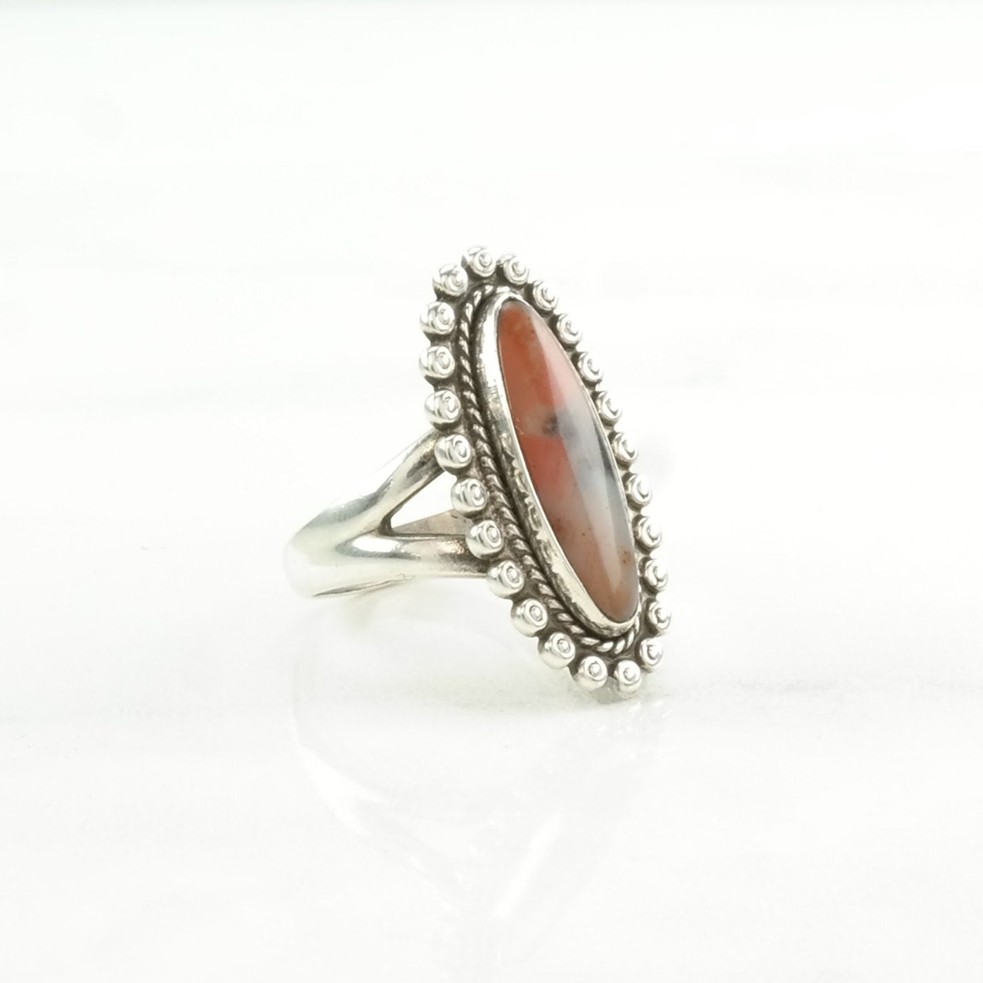 Native American Silver Ring Petrified Wood Navette Sterling Orange Size 6 1/2