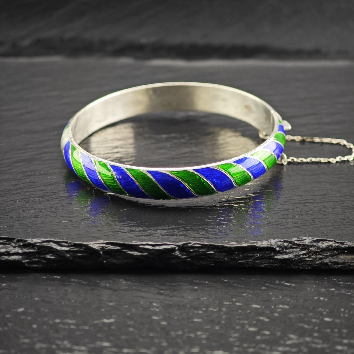 Blue, Green Striped Enamel Sterling Silver Bangle Bracelet Sz 7 1/4" BR3189