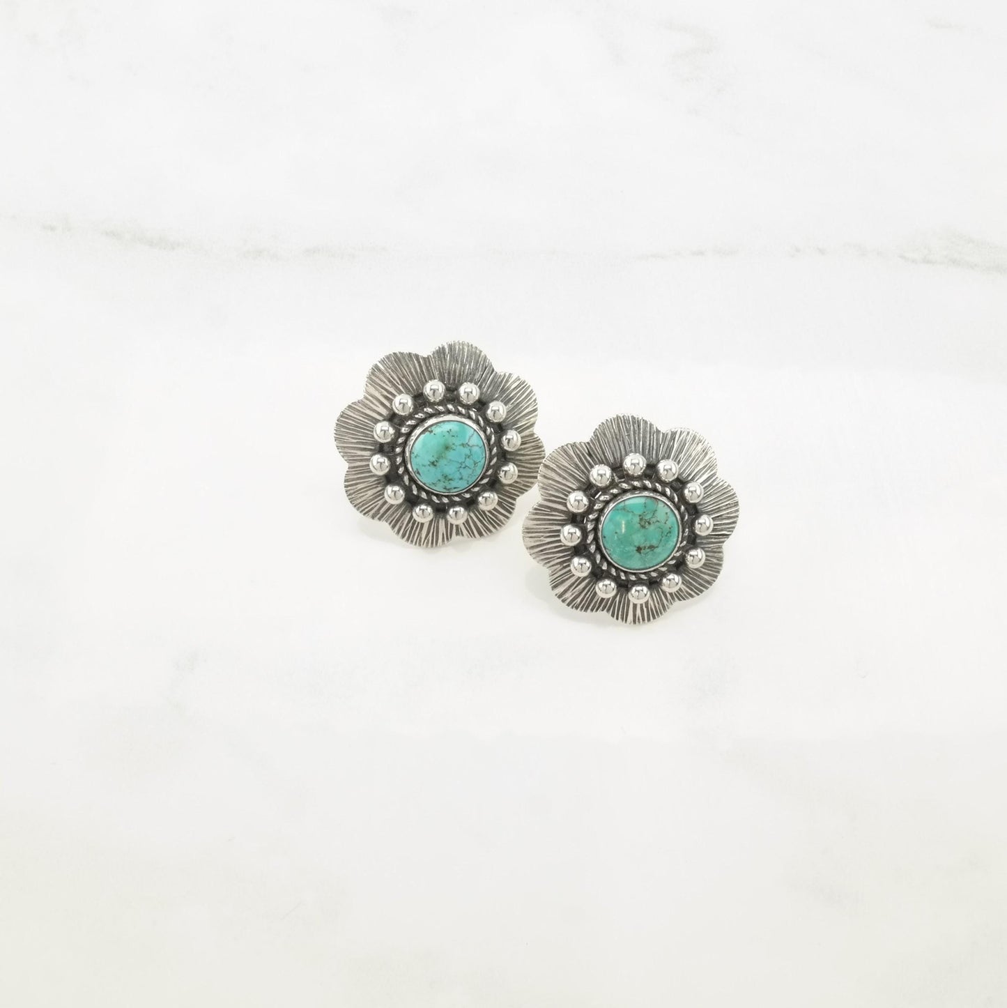 Vintage Blue Turquoise Floral Screw Back Earrings out of Sterling Silver