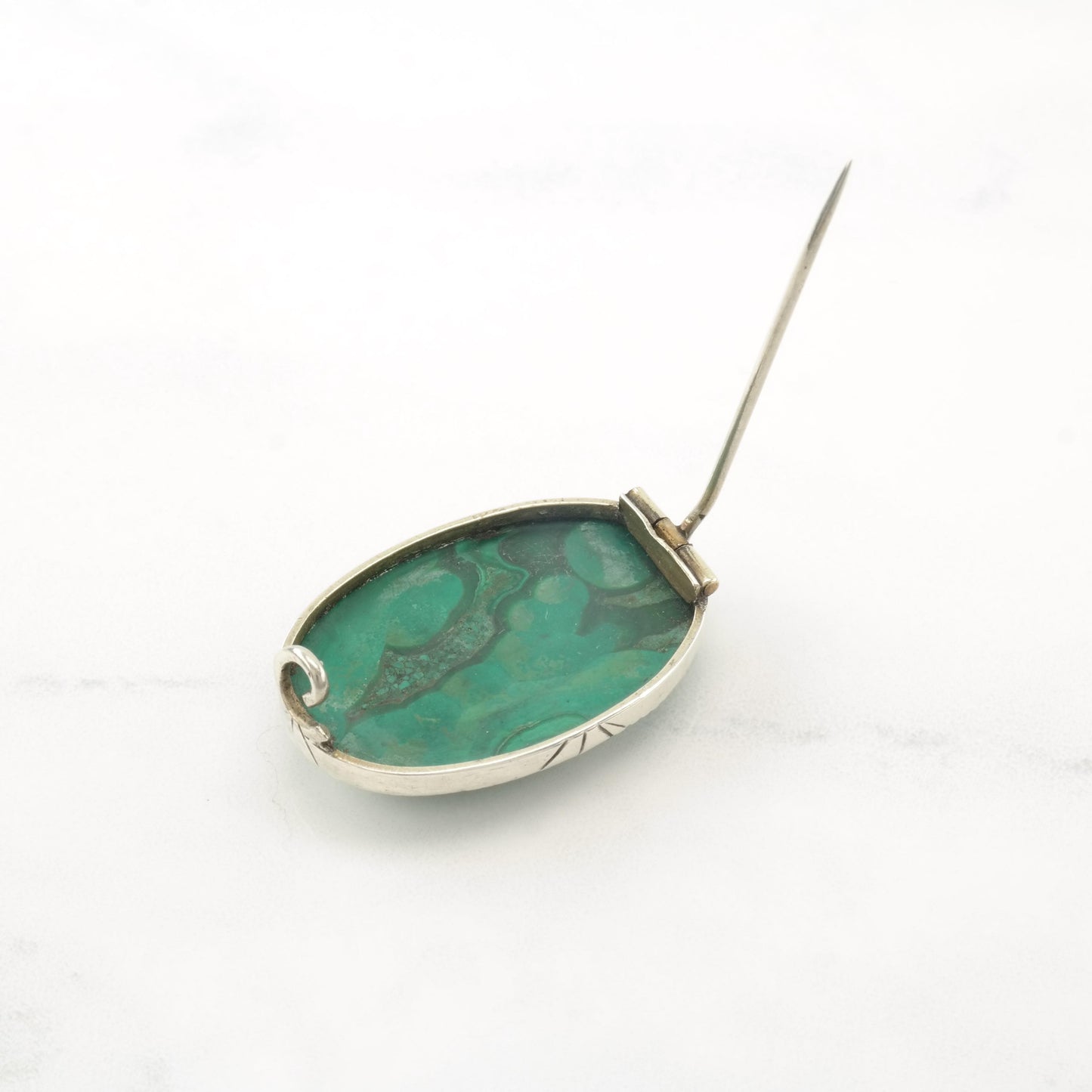 Art Deco Natural Malachite Sterling Silver Brooch