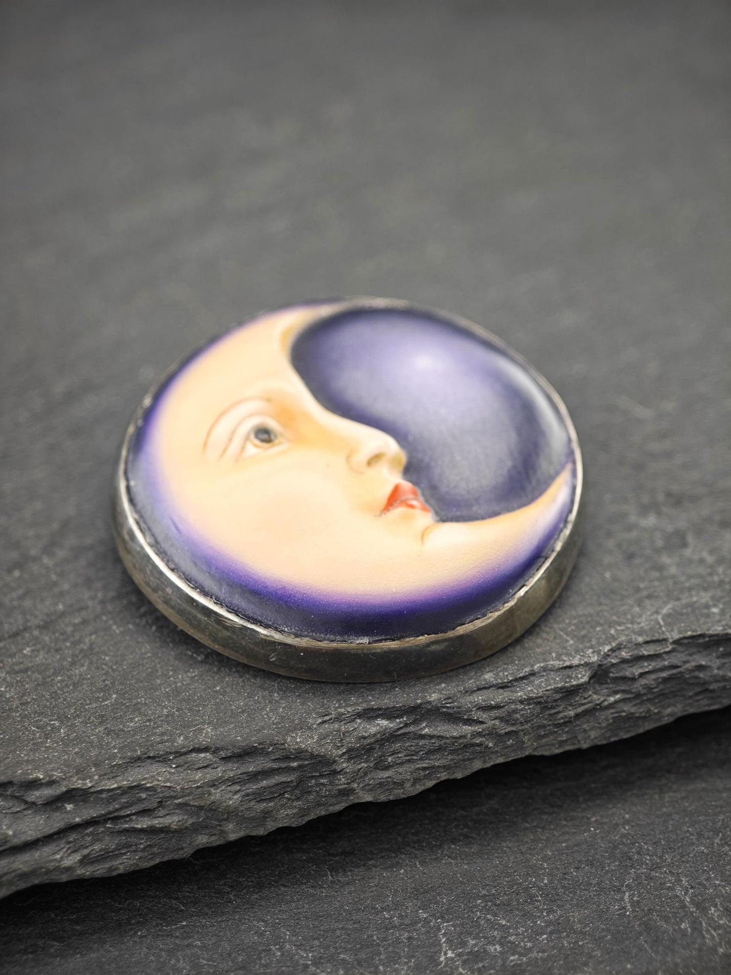 Sergio Bustamante Enamel, Moonface Brooch/Pendant Sterling Silver