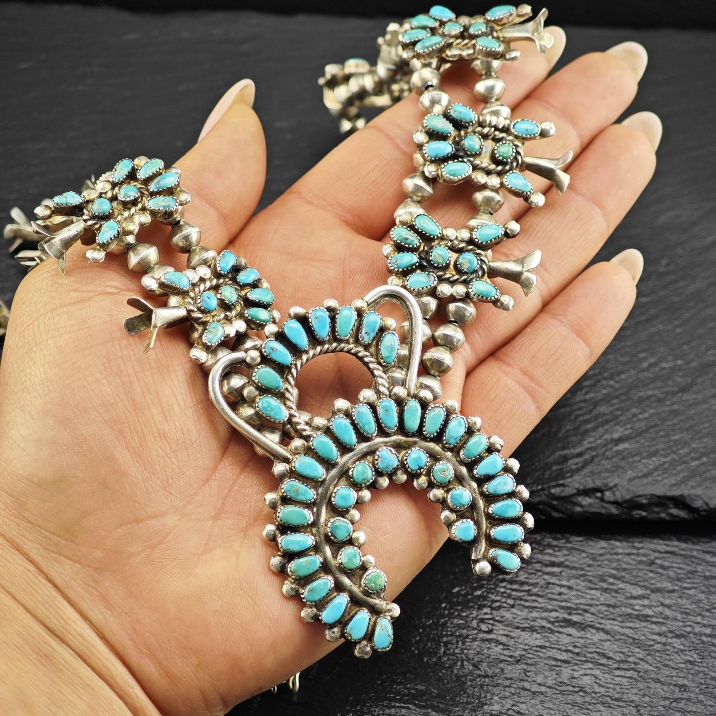 Vintage Zuni Sterling Silver Floral Squash Blossom Necklace with Blue Turquoise Cluster
