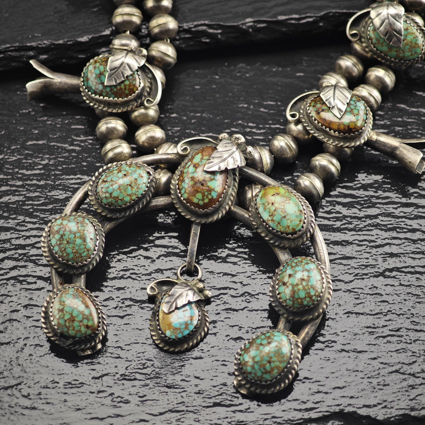 Vintage Navajo, Native American Royston Spiderweb Turquoise By Rose A. Chee Sterling Silver Squash Blossom Necklace N2767