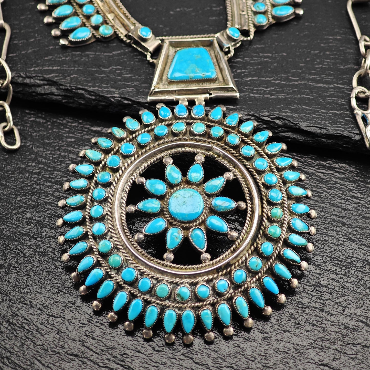 VMB Vintage Blue Turquoise Cluster Necklace in Sterling Silver