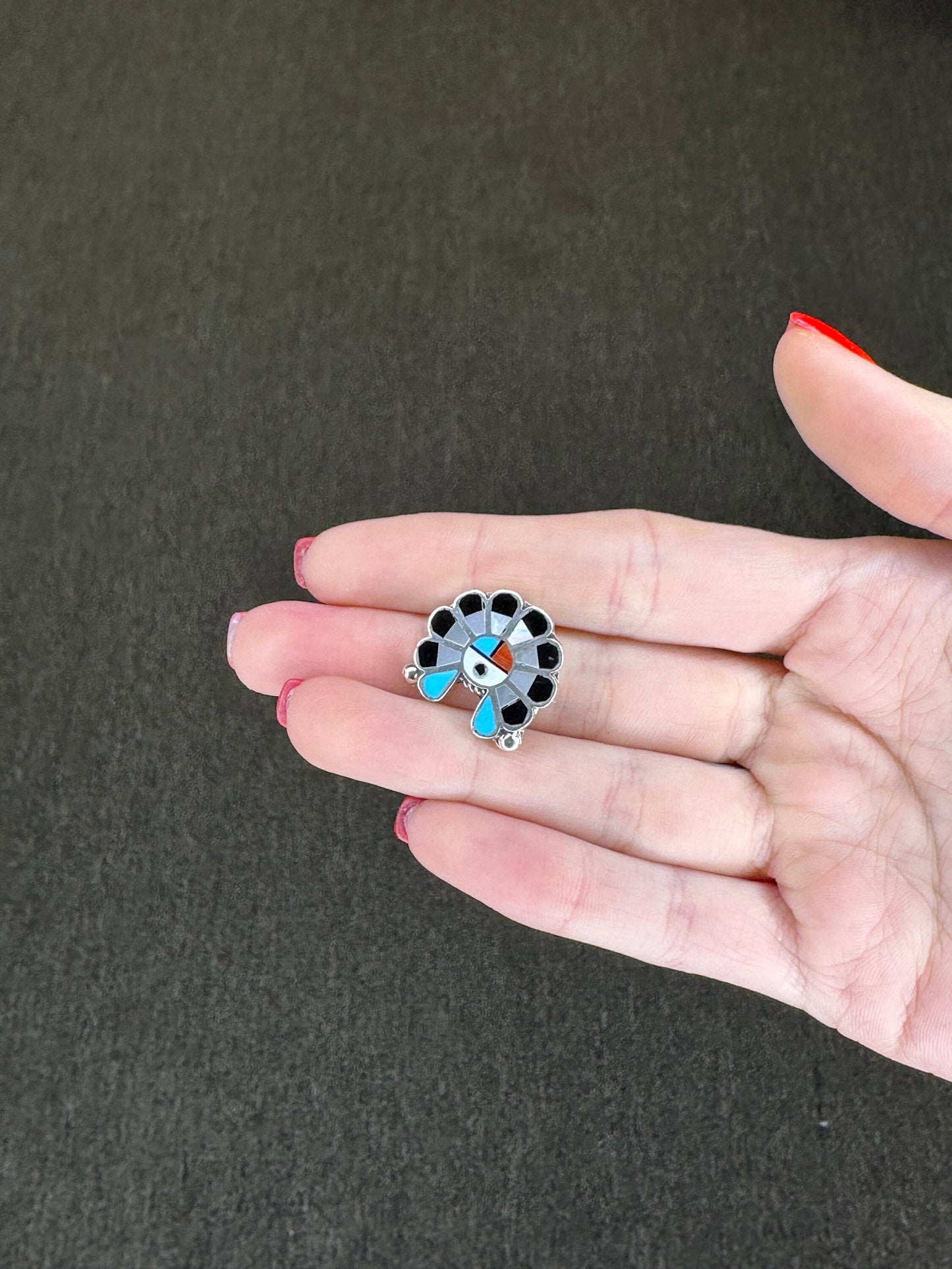 Native American Sterling Silver Brooch Pendant Inlay MOP Turquoise Coral Onyx