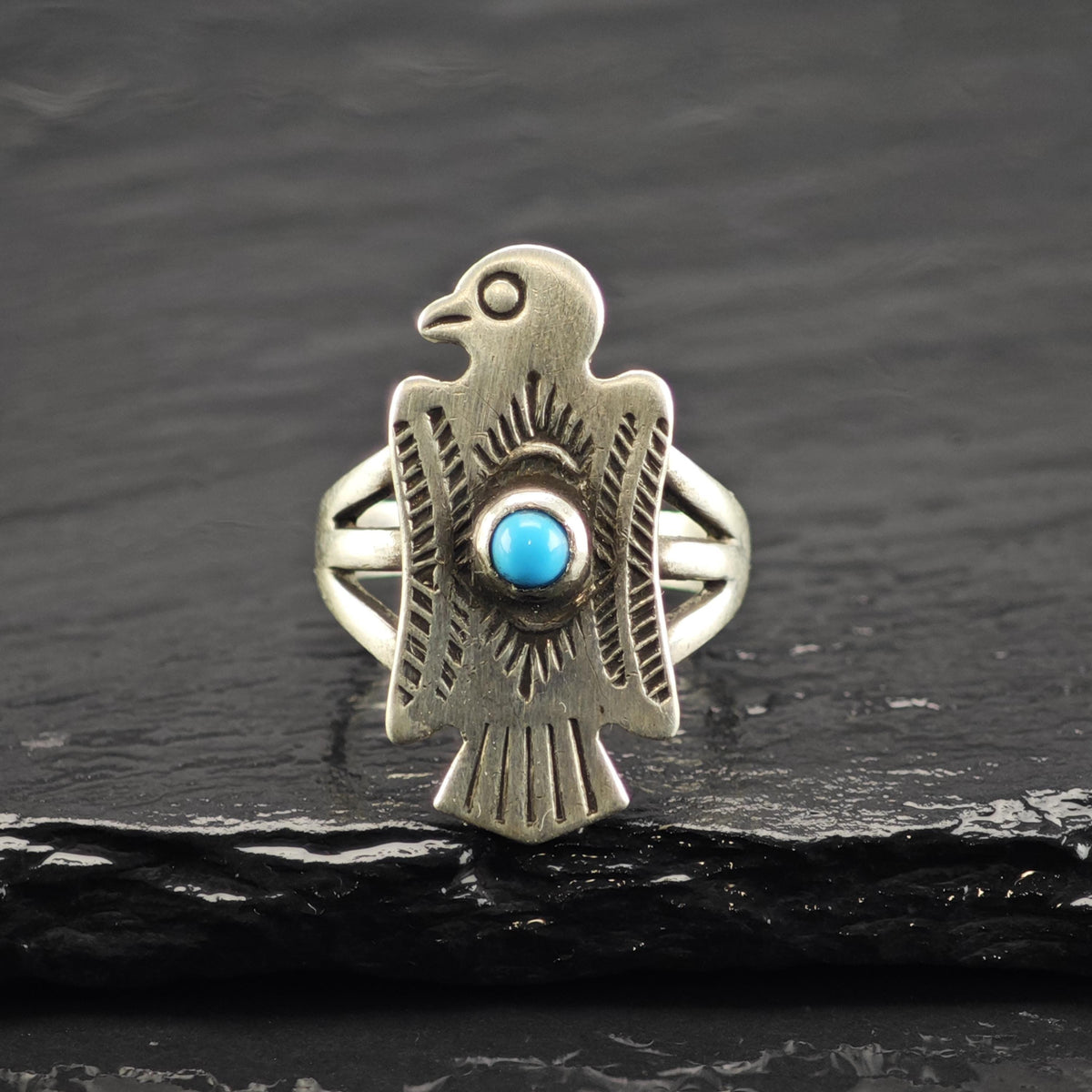 SW Block Turquoise Eagle Sterling Silver Ring Sz 5 3/4 R6841