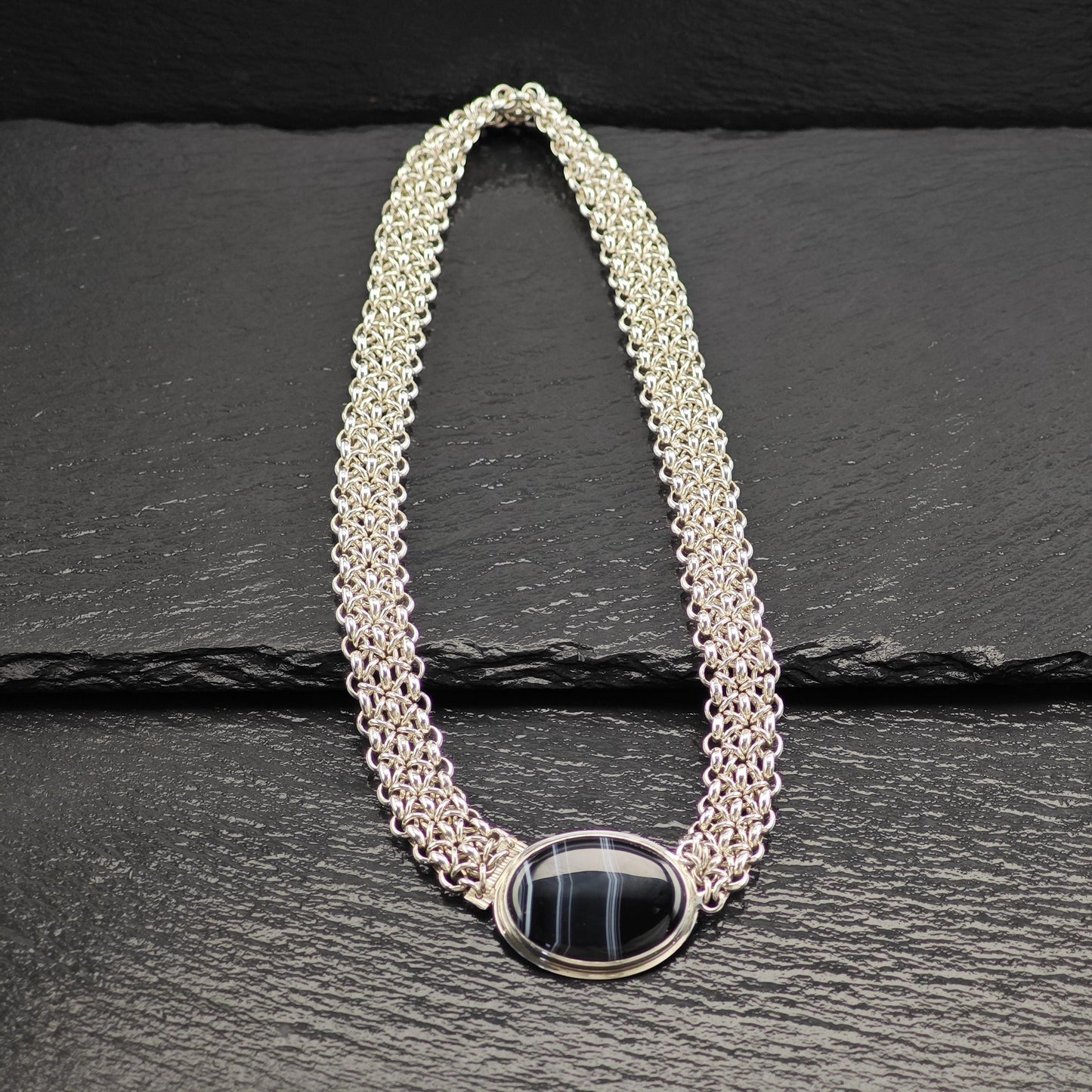 Handmade Designer Black, White Banded Agate Oval Necklace Sterling Silver N2563