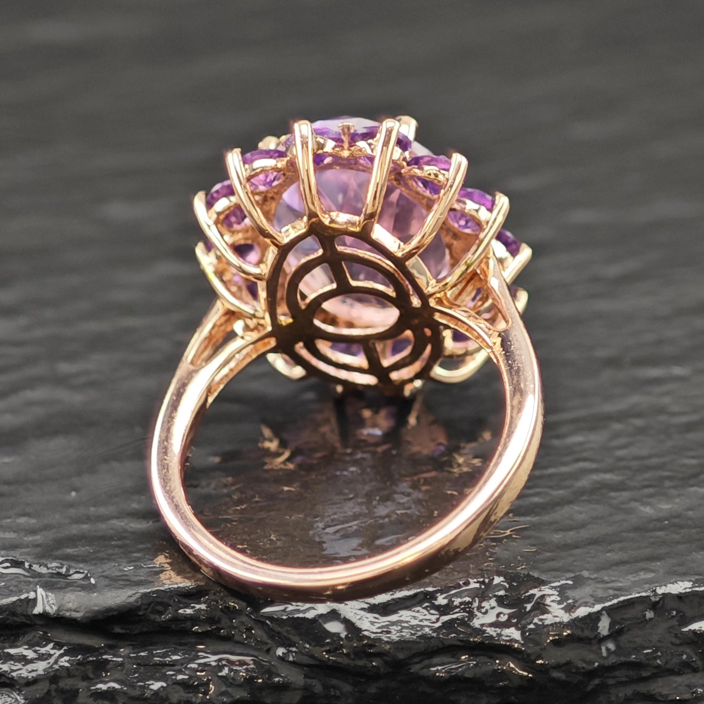 Floral Amethyst 14K Rose Gold Plated Ring Sterling Silver Sz 6 1/4 R6166