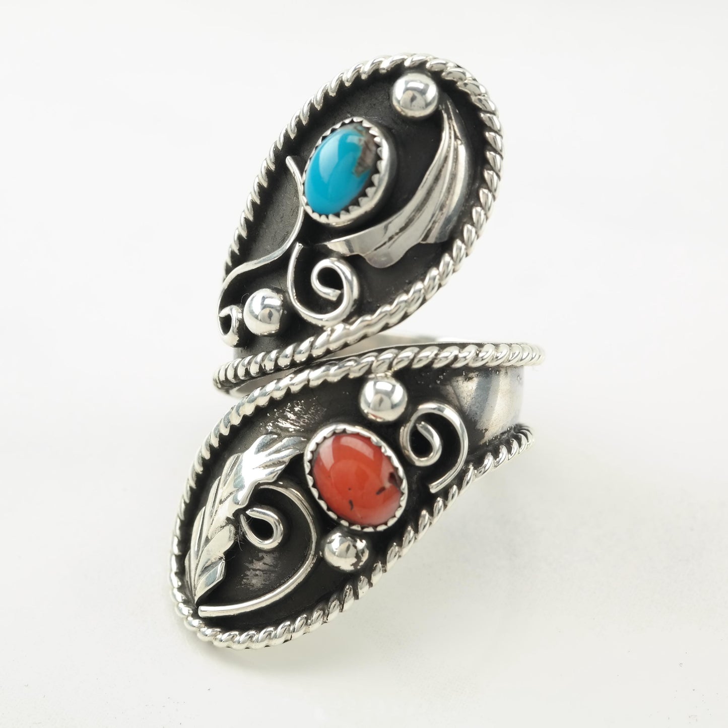 Native American Silver Ring Turquoise, Coral Feather, Large, Bypass Sterling Blue, Red Size 8 1/2