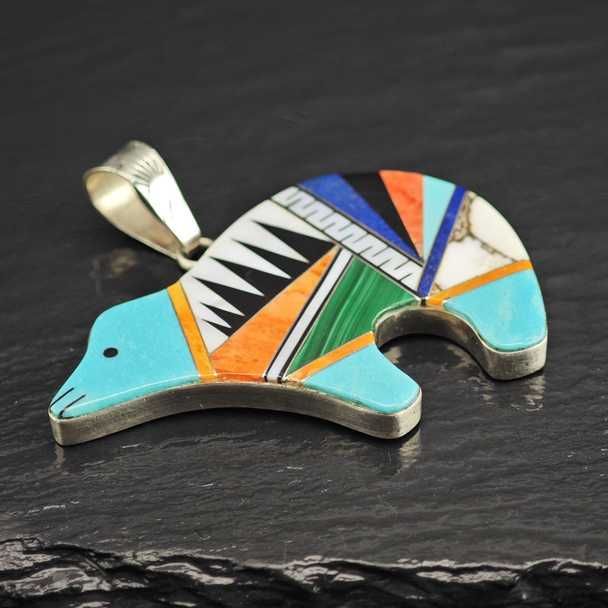SW Multi-stone Inlay Bear Sterling Silver Pendant P3096
