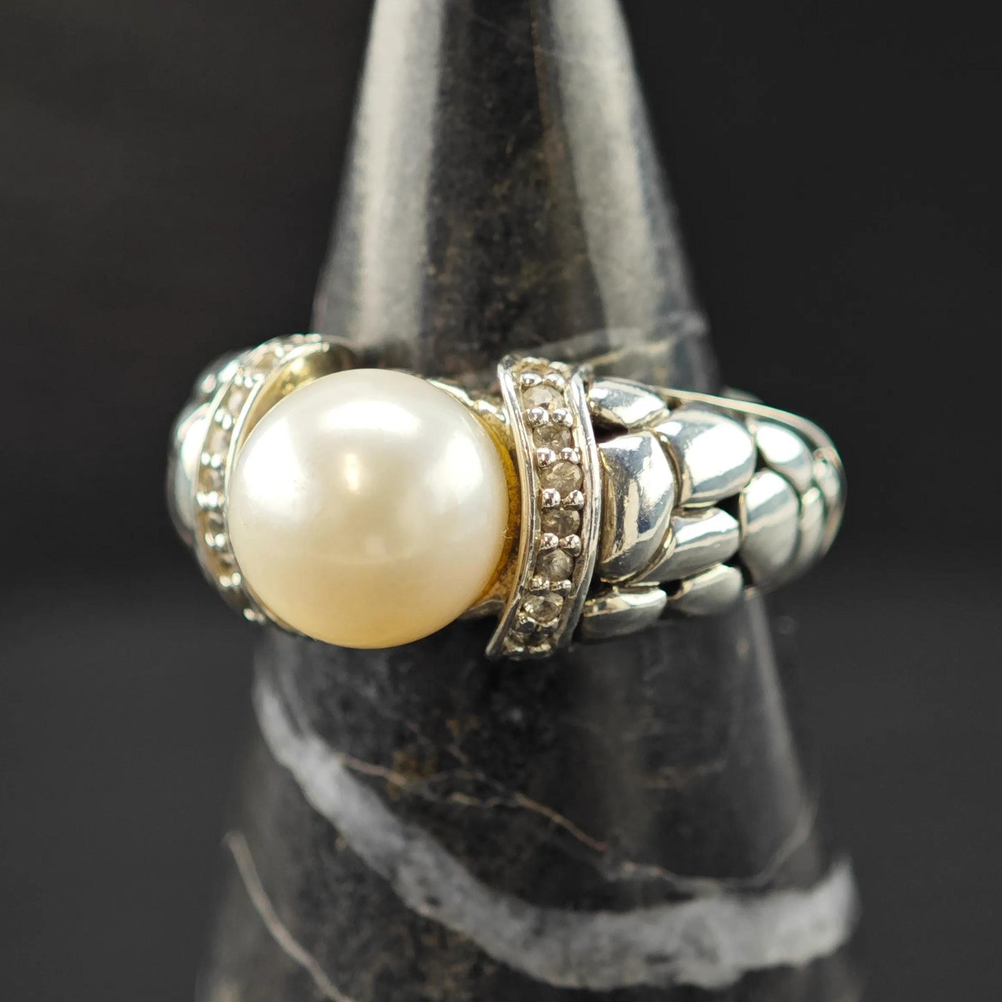 Effy Diamond Pearl Ring Sterling Silver Sz 7 1/4 R6029