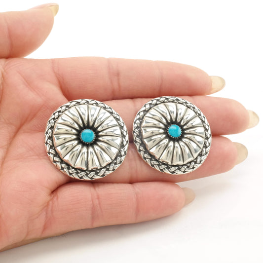 Southwest Block Turquoise Concho Earrings Sterling Silver Screw Back