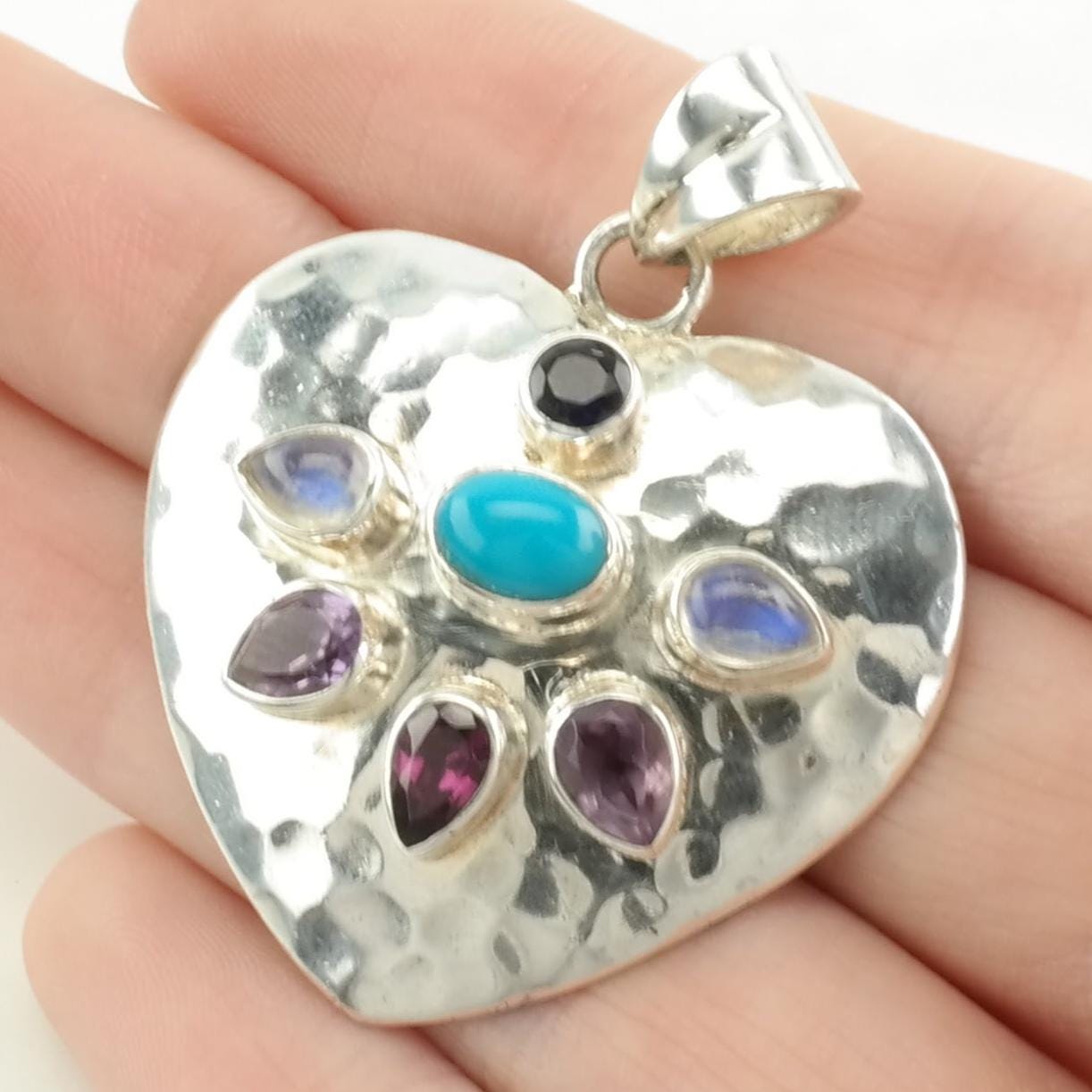 Vintage Nicky Butler Turquoise, Onyx, Moonstone, Garnet Heart Sterling Silver Pendant