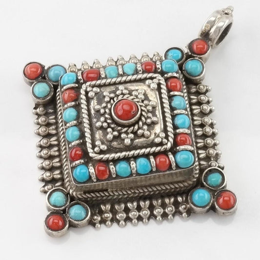 Vintage Ethnic Turquoise, Coral Geometric Sterling Silver Pendant
