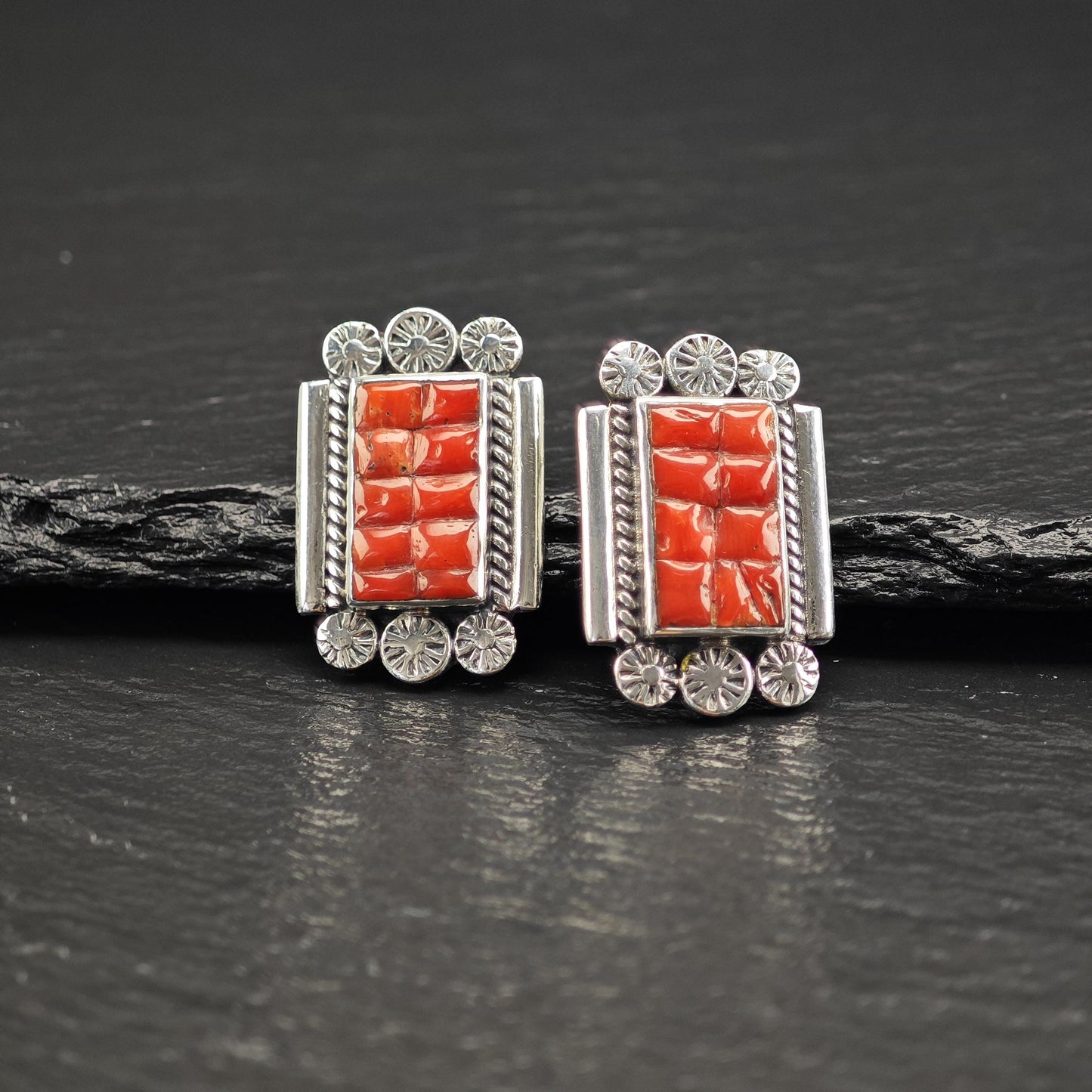 Southwest Red Coral Inlay Stud Earrings Sterling Silver