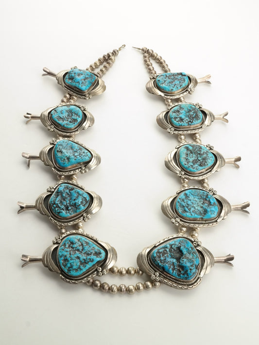 Large Kingman Turquoise squash blossom necklace Native American Sterling