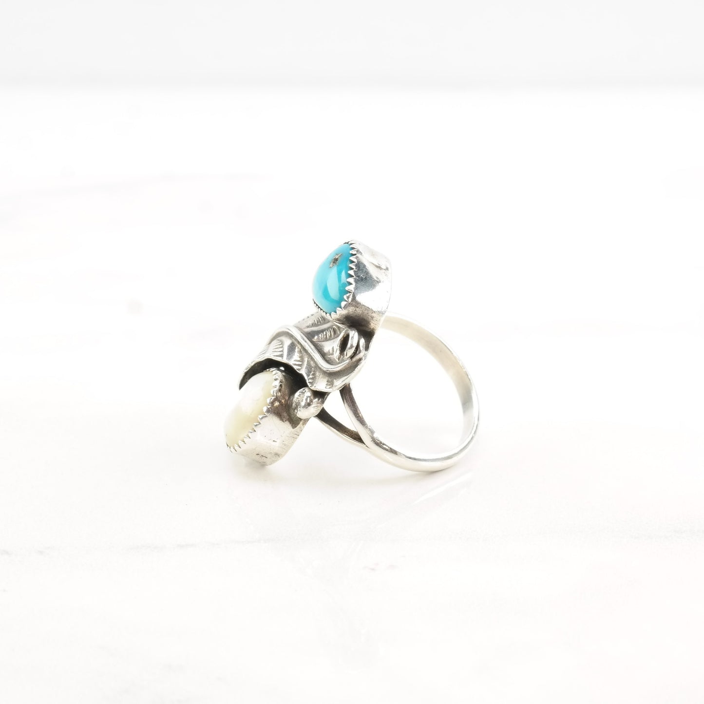 Native American Silver Ring MOP Turquoise Leaf Double Sterling Size 6 1/4