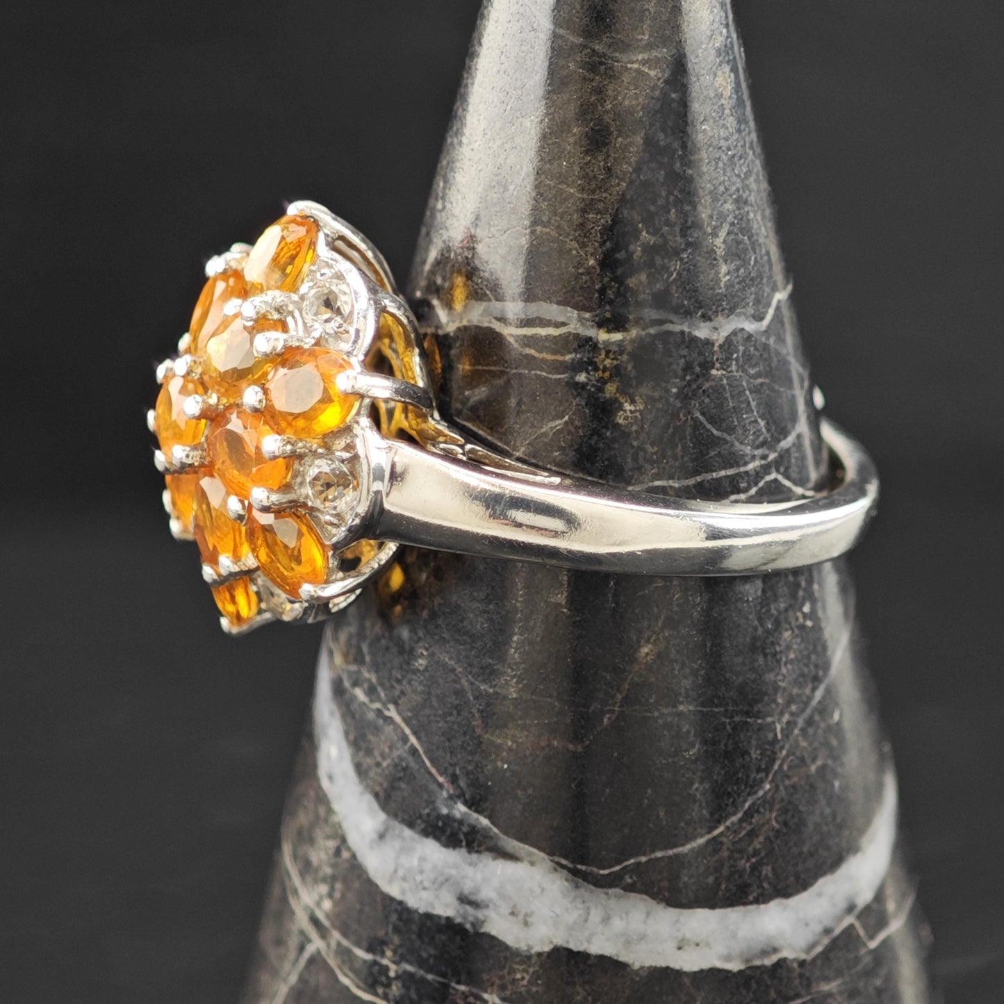 Sterling Silver Ring Orange Gemstone Cluster Size 7 R6207
