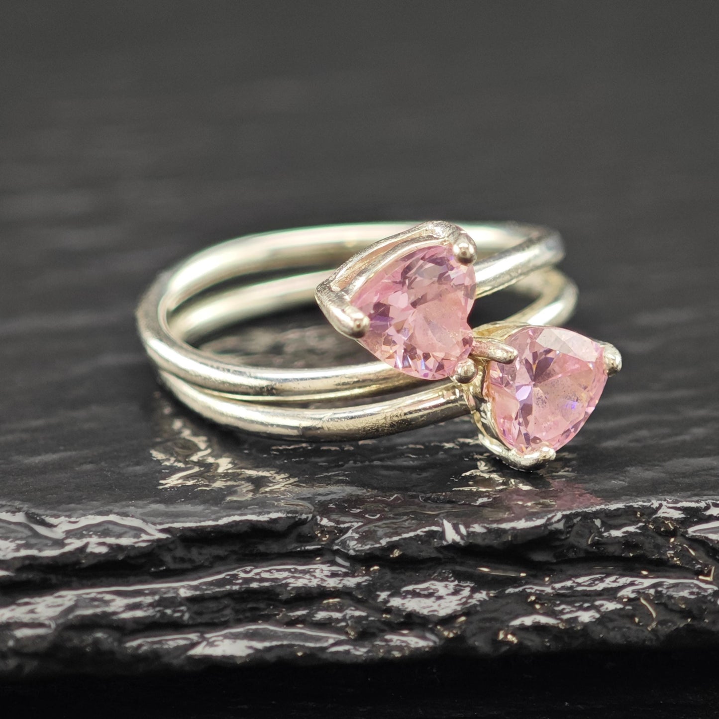 Sterling Silver Ring Double Pink Hearts Size 7 R6191