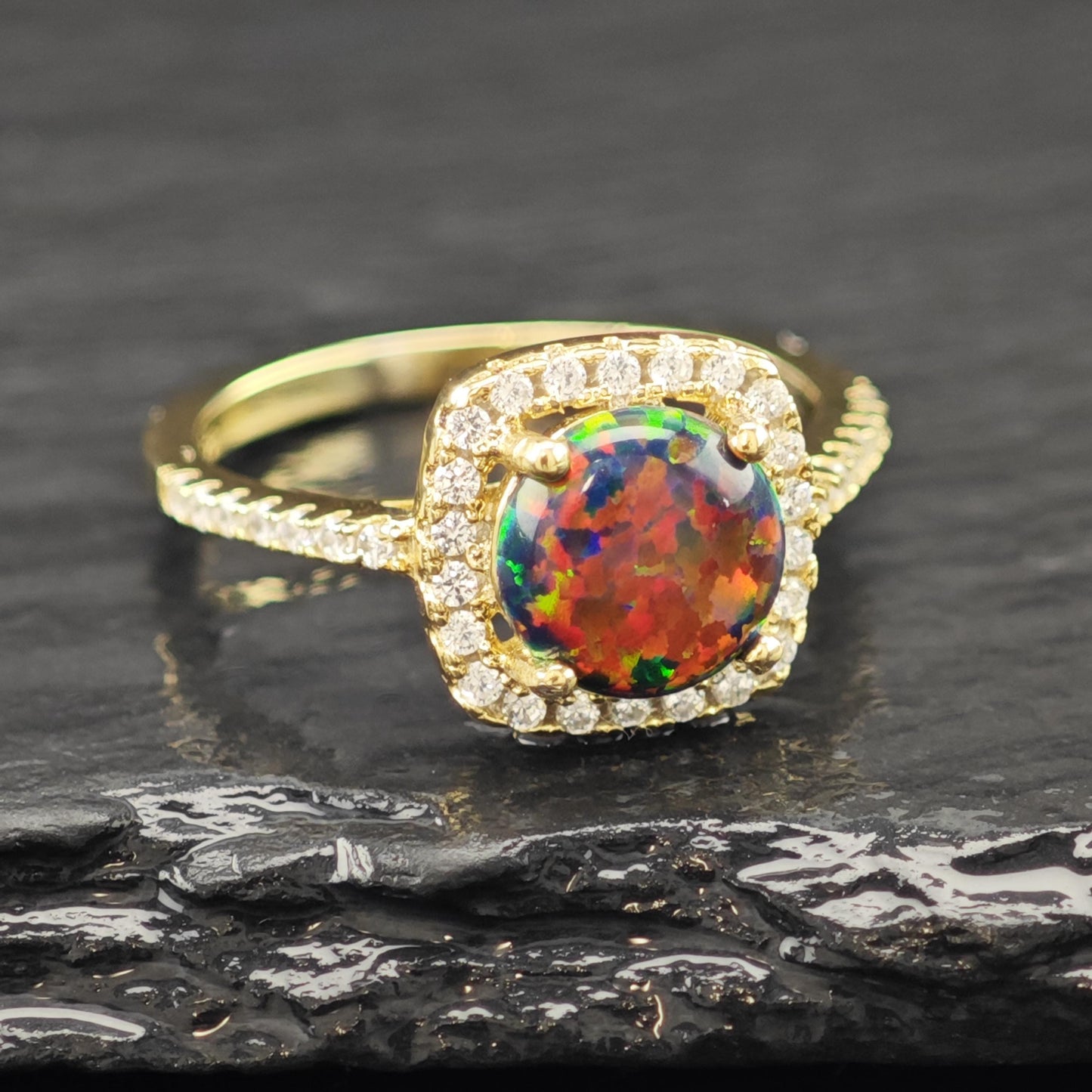 Lab Black Opal Halo 14K Gold Plated Ring Sterling Silver Sz 7 1/2 R6178