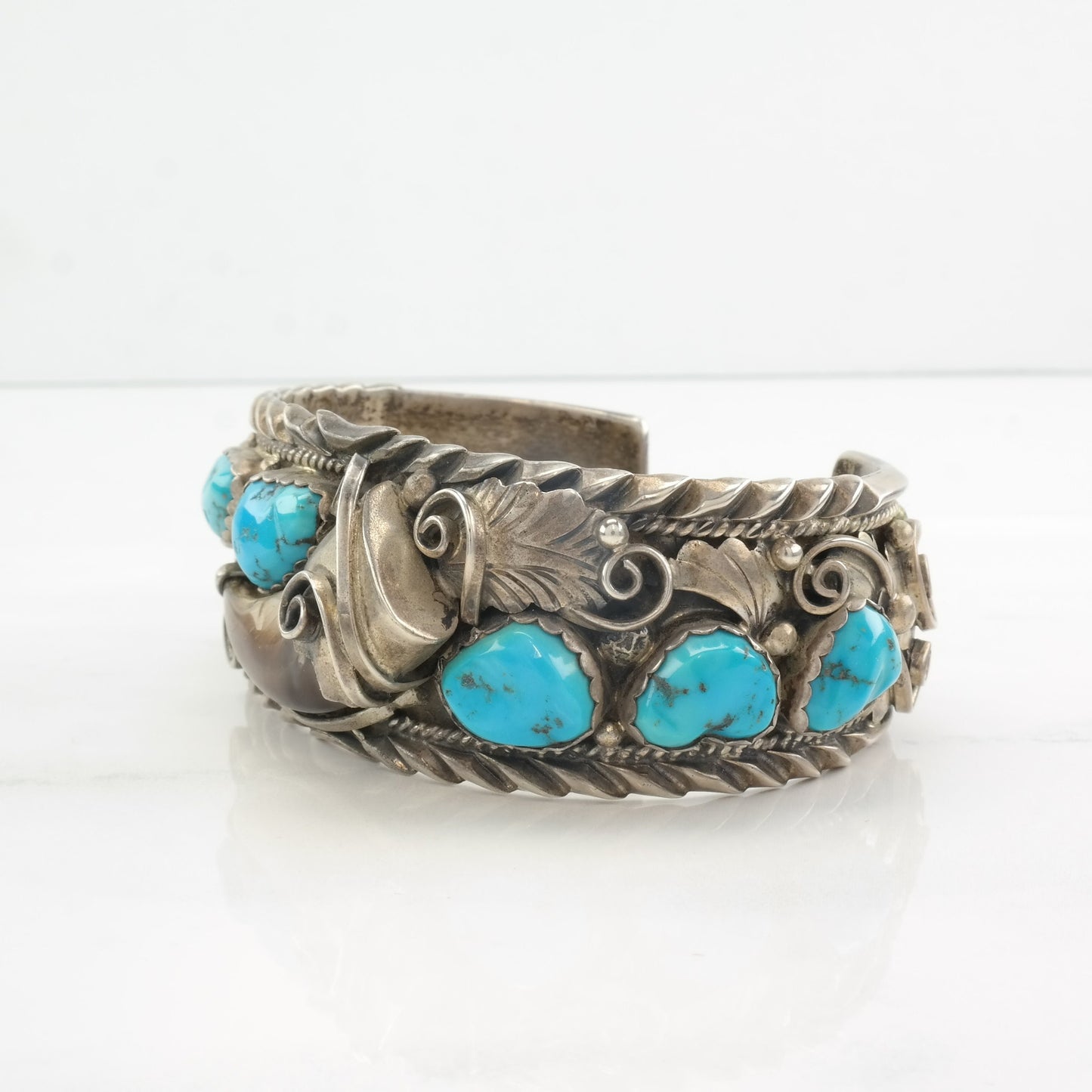 Native American Sterling Silver Cuff Bracelet Blue Turquoise Floral, Feather